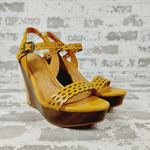 Naya Yellow & Brown Strap Open Toe High Heels Wedges Sandals V634 - Picture 4 of 14